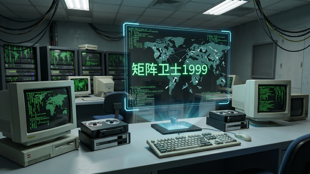游戏剧情场景,画面呈现1999年复古电脑机房与全息投影终端,屏幕上显示