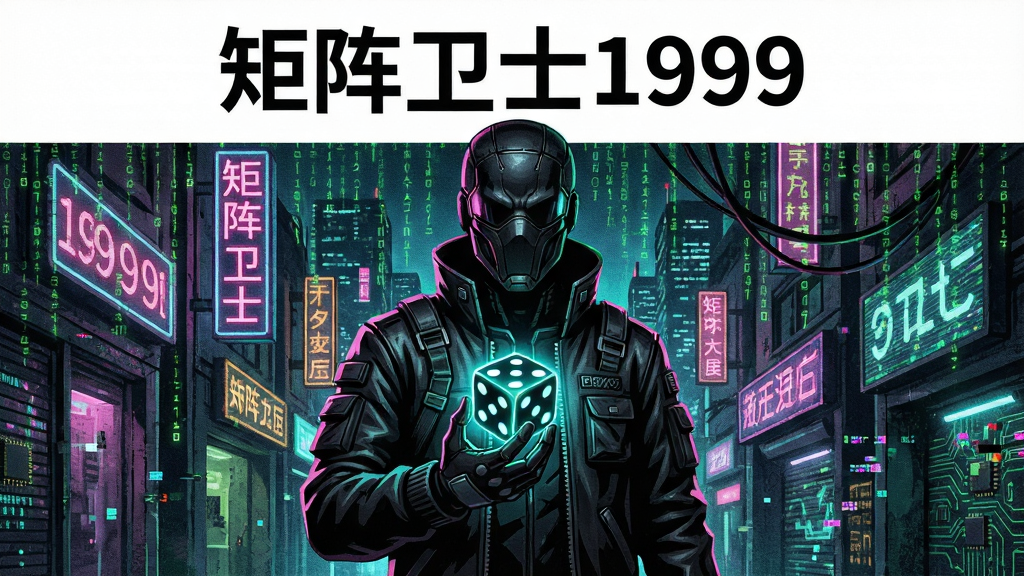 赛博朋克风格游戏主视觉,画面中央一位身穿黑色机能风外套的矩阵卫士角色手持发光矩阵骰子,背景是1999年复古霓虹都市与流动的绿色代码雨,主体居中构图,上方留白排版游戏标题文字