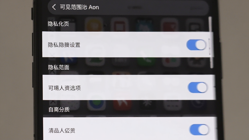 后人应用隐私设置页面,手机屏幕展示可见范围选项列表,布局为纵向选项排列,排版整齐,风格素雅极简,细节包含开关按钮和分类标题,画质清晰干净无多余元素