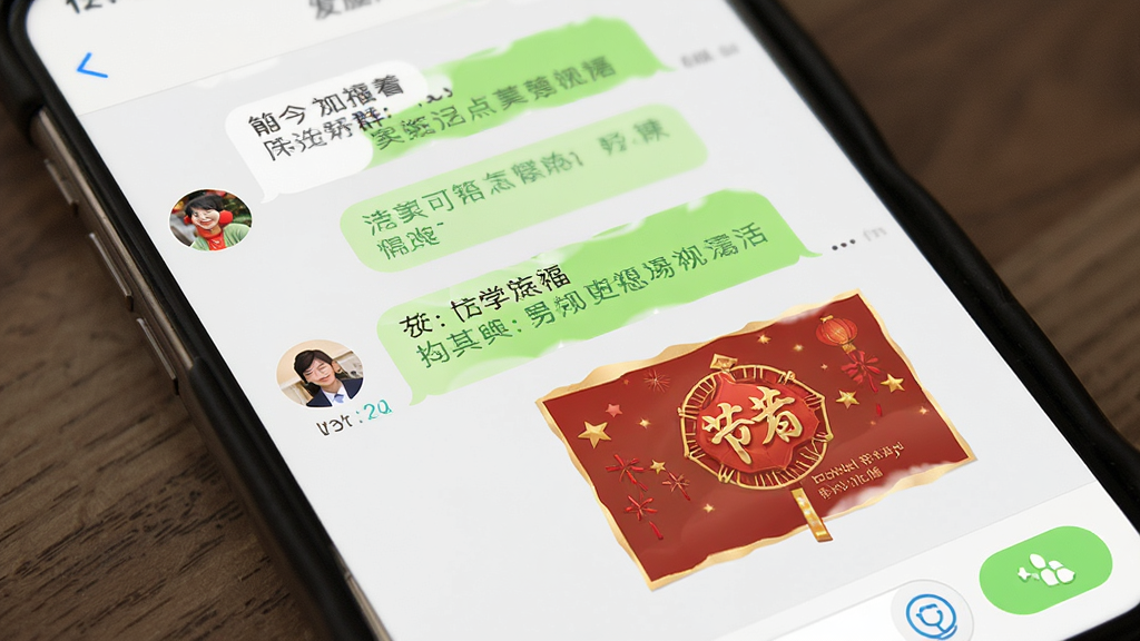 后人应用家族群聊界面,手机屏幕显示聊天消息和节日祝福卡片,布局为对话气泡排列,排版简洁,风格清爽浅色,细节包含头像和发送按钮,画质清晰干净无多余元素