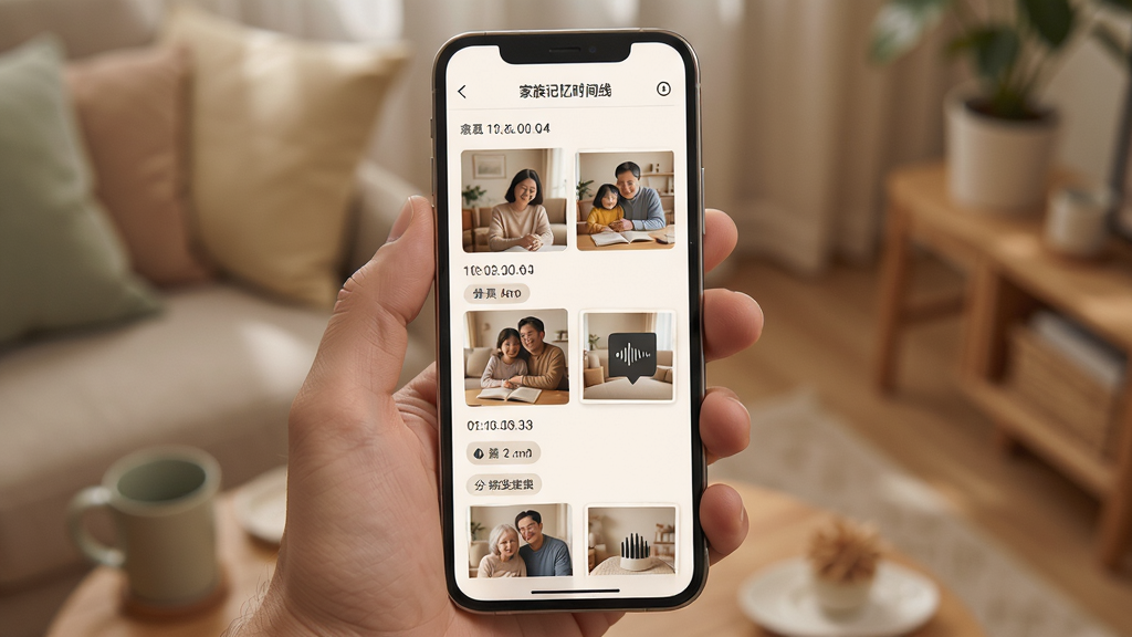 后人应用家族记忆时间线页面,手机屏幕展示照片和语音条目排列,布局清晰,排版为竖向列表,风格温馨简约,细节包含时间戳和分类标签,画质清晰干净无多余元素