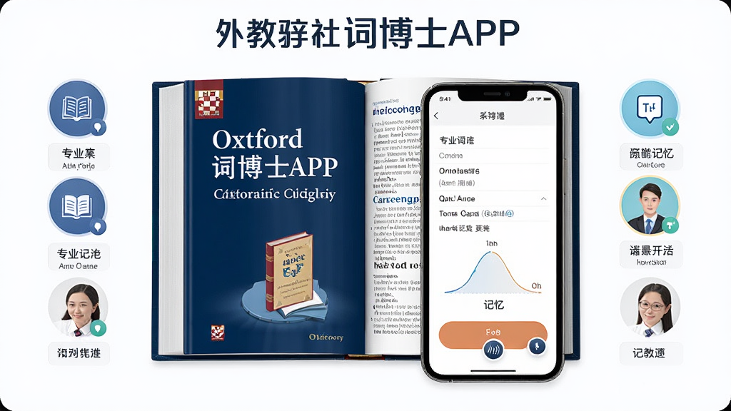 外教社词博士APP官方宣传图,主体为一本展开的英语词典与手机屏幕结合,屏幕显示单词查询界面和发音按钮,布局居中对称,排版简洁清晰,风格为现代教育科技风,细节包含牛津词典封面元素、专业词汇分类图标、记忆曲线示意图,画质高清,干净,无多余元素
