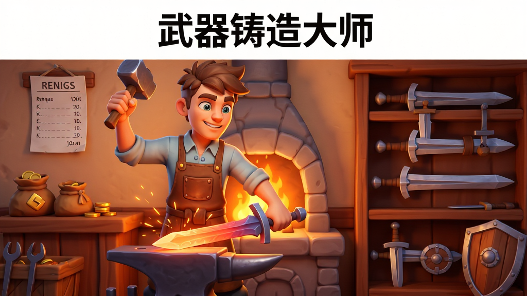 画面主体为一位身穿皮围裙的年轻武器铸造师站在铁砧前,右手举锤左手持钳夹着一把烧红的剑坯,火花四溅;布局采用中心构图,人物居中偏左,右侧为武器铺陈列架摆放刀剑盾牌;排版上方留白用于放置游戏名称文字