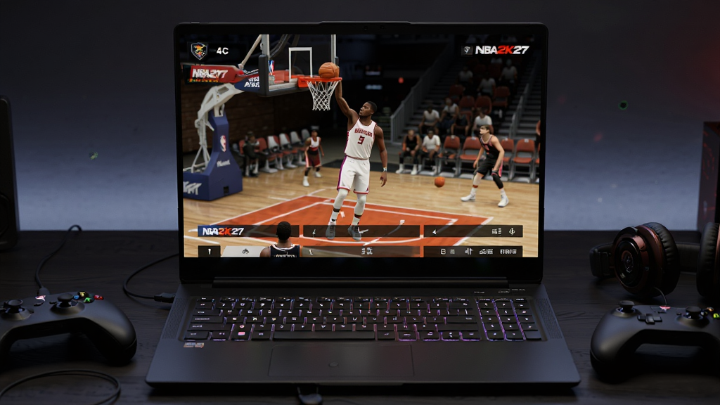 主体是一台打开着的笔记本电脑,屏幕上显示NBA2K27PC电脑版篮球游戏对战画面,画面中球员正在突破上篮,布局为电脑居中放置于深色木质桌面,周围有游戏手柄和耳机,排版为横向宽幅构图,风格为写实科技感电竞风格,细节包括屏幕高光反射、键盘背光、手柄按键纹理清晰,画质为4K超高清、画面干净、无多余元素