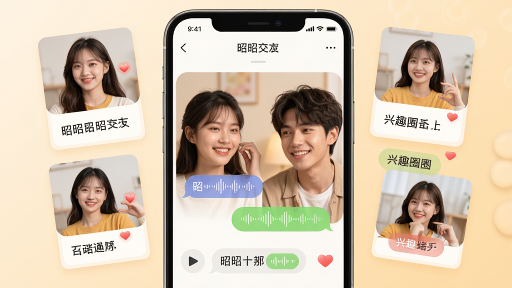 手机屏幕中展示昭昭交友APP的聊天界面,画面中央是两位年轻人正在语音畅聊的场景,周围环绕着真人实拍动态卡片和兴趣圈子标签,整体布局简洁清晰,风格温暖明亮,细节处有语音波形图标和爱心点缀,画质高清干净无多余元素