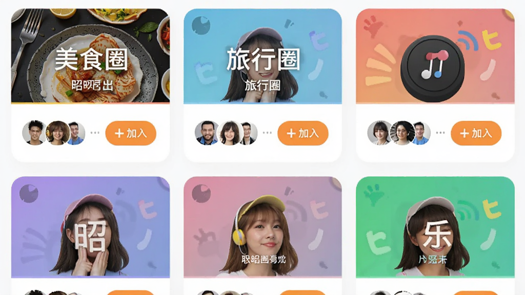 昭昭交友APP圈子页面,展示多个兴趣圈子入口如美食圈旅行圈音乐圈,布局为网格卡片式排版,风格活泼明快,细节有圈子成员头像和加入按钮,画质清晰干净无多余元素