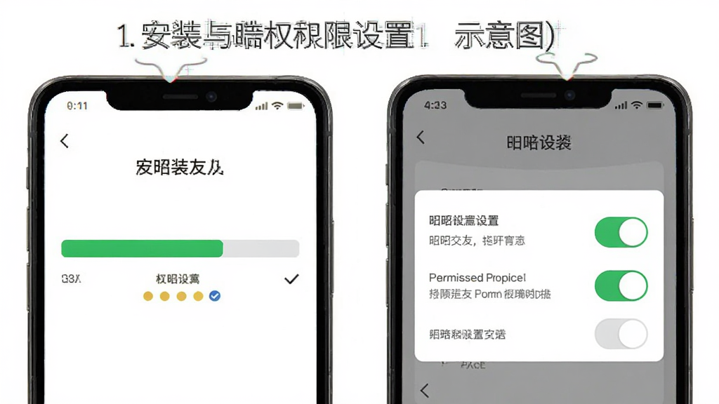 昭昭交友APP安装与权限设置示意图,画面展示手机屏幕上的安装进度条和权限开关面板,布局分步骤展示,风格简洁教程风,细节有勾选标记和提示文字,画质清晰干净无多余元素