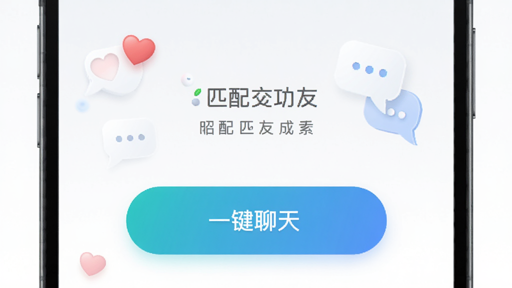 昭昭交友APP聊天启动界面,画面中显示一键聊天按钮和匹配成功的提示,布局居中突出按钮,风格简洁现代,细节有爱心和对话气泡元素,画质高清干净无多余元素
