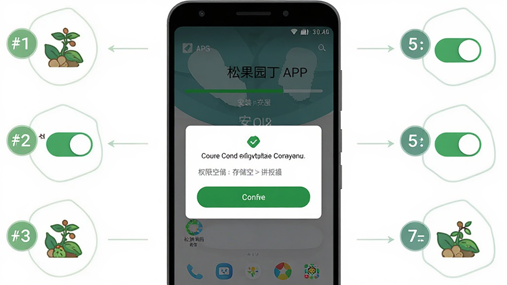 ����Ϊ��׿�ֻ���װ���ɹ�԰����APP�Ĳ���ʾ�⻭�棬��Ļ��ʾ��װ������Ȩ����Ȩ����������Ϊ�ֻ����С����ܻ��Ʋ�����ͼ�ꣻ�Ű水��װ�������϶������У����Ϊ���̳̲廭�磻ϸ�ڰ���Ȩ�޿��ء��洢�ռ���ʾ����ɫȷ�ϰ�ť�����ʸ��壬�ɾ����޶���Ԫ��
