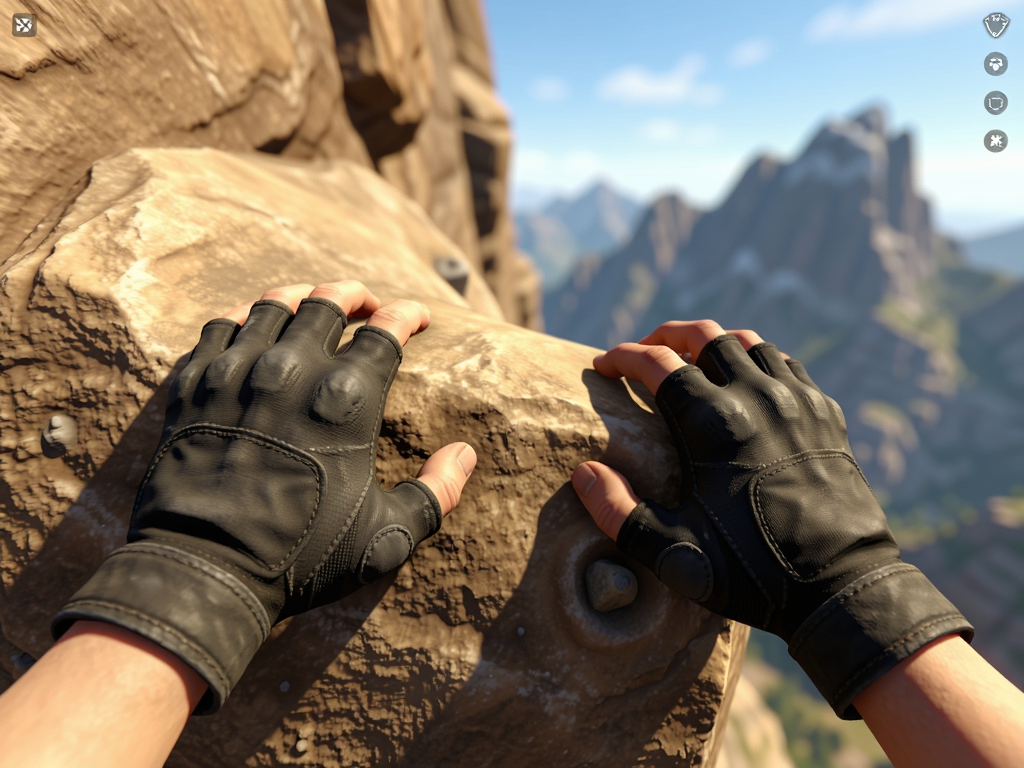 A first-person view of hands gripping rough sandstone rock texture in a VR climbing game, bright daylight lighting, realistic hand model with gloves, blurred background showing mountain peaks, clean composition, high resolution, no text overlay