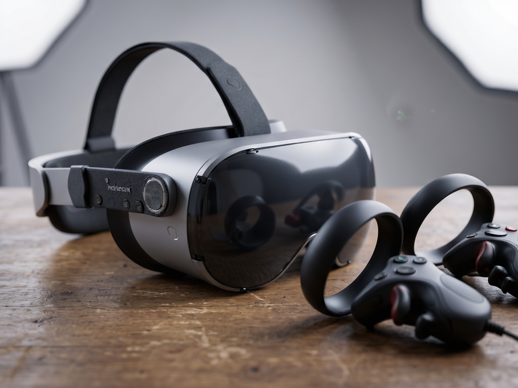 Close-up shot of a futuristic VR headset resting on a wooden table next to two motion controllers, soft studio lighting, shallow depth of field focusing on device details, minimalist background, photorealistic style, crisp edges, no logos or text