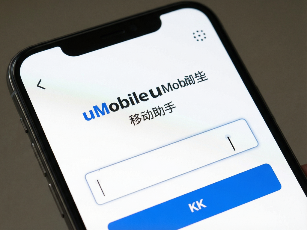 主体:智能手机屏幕显示uMobileuMobile移动助手登录界面,布局:居中构图,排版:简洁白色背景蓝色按钮,风格:扁平化UI设计,细节:输入框光标闪烁,画质:高清8k干净无多余元素