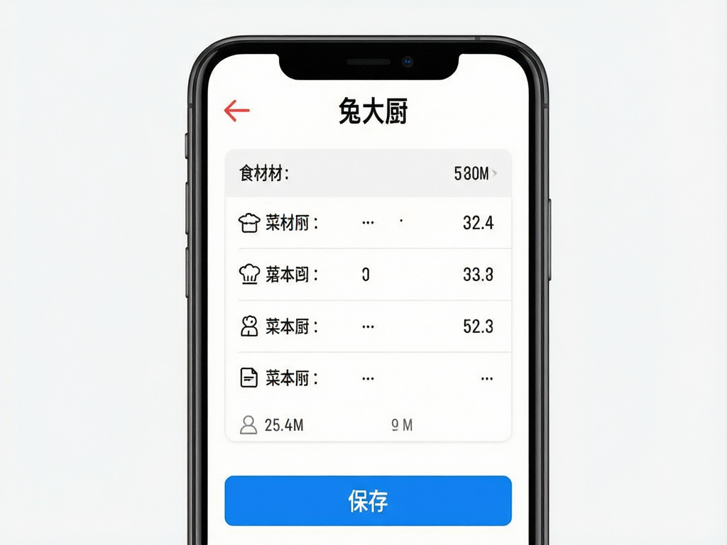 �ֻ���Ļ��ʾ�ô��APP���ױ༭���棬��ɫ��������ɫ���������������к�ɫ���ؼ�ͷ���м���ʳ���б����񣬵ײ�����ɫ���水ť����ƽ��UI��Ʒ�񣬸������ȣ��޶���װ��Ԫ��