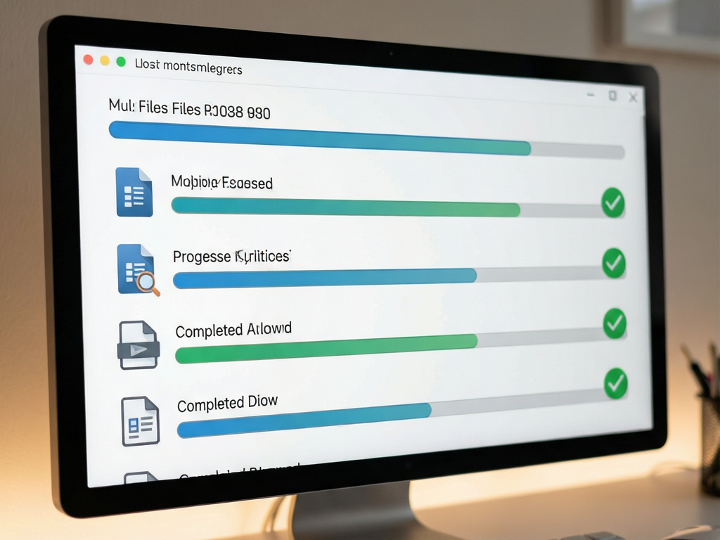 A progress bar interface showing multiple files being processed simultaneously, green checkmarks next to completed items, professional software UI design, clear typography, soft lighting, detailed icons for file types