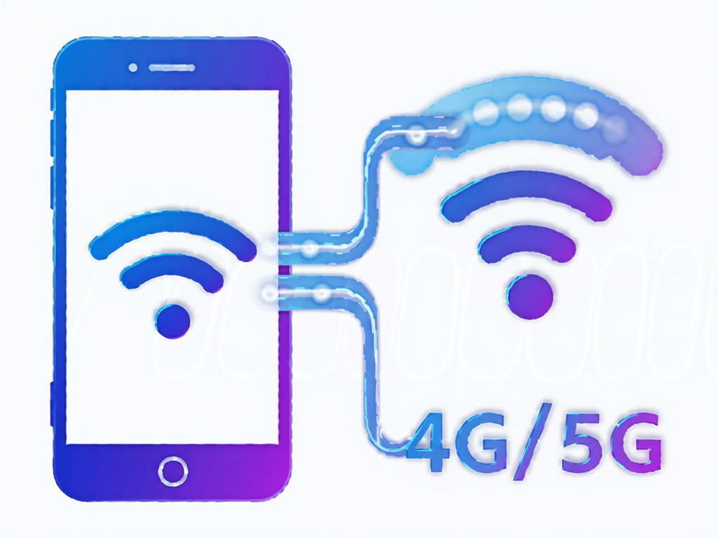 抽象科技风格插图,展示手机同时连接Wi-Fi和4G/5G信号的示意图,线条流畅连接各个节点,蓝紫色调为主,体现高速传输概念,干净背景,高分辨率渲染
