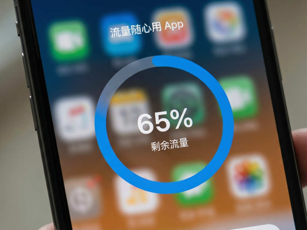 手机屏幕特写显示流量随心用App界面,中心为蓝色环形进度条显示剩余流量百分比,背景模糊处理突出主体,扁平化设计风格,高清晰度,无多余文字干扰