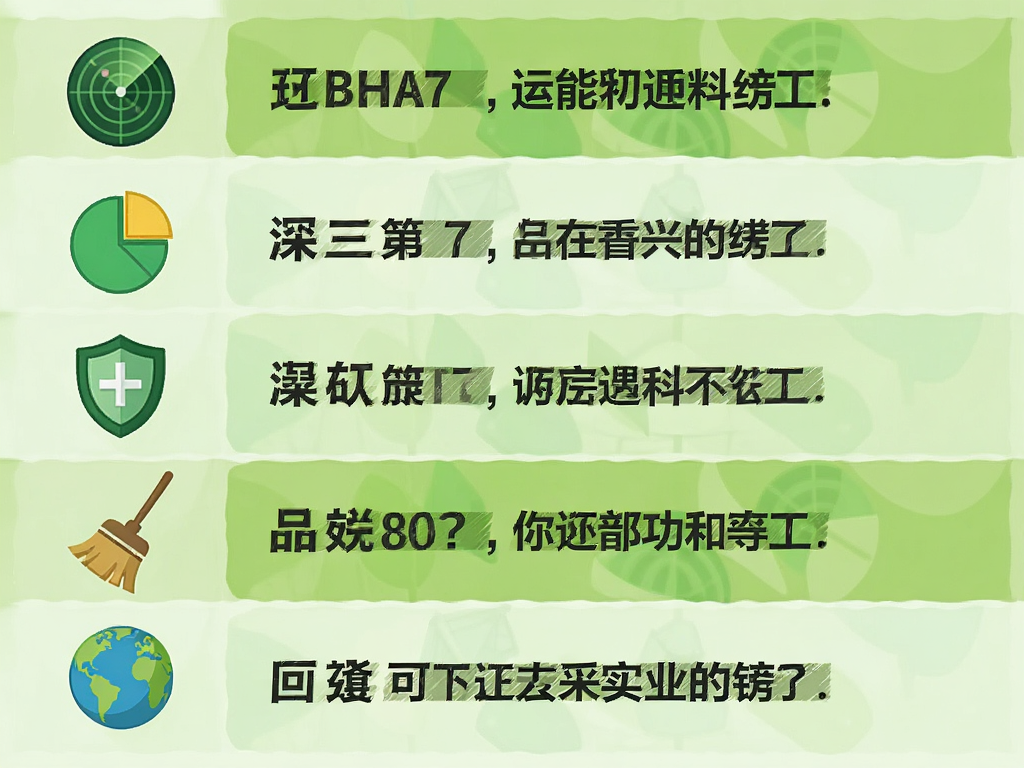 信息图表风格插画,左侧列出五个主要功能图标(雷达、饼图、盾牌、扫帚、地球),右侧对应简短文字说明,整体采用清新绿色调,布局整齐对称,矢量艺术风格,清晰易读
