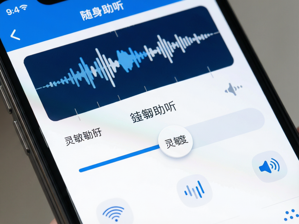 A smartphone screen displaying the 'Sensitivity' slider interface of the app '��������', clean modern UI design, blue and white color scheme, a waveform visualization at the top showing audio levels, high resolution, detailed icons, minimalist layout, text 