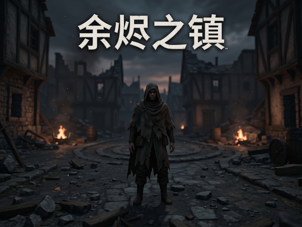 余烬之镇PC试玩电脑版预览图,主体为一名身穿破旧斗篷的角色站在昏暗的小镇广场中央,周围是残垣断壁和微弱火光,布局居中构图,排版简洁,风格写实暗黑,细节包括地上的碎石和空气中的尘埃颗粒,画质高清干净无多余元素
