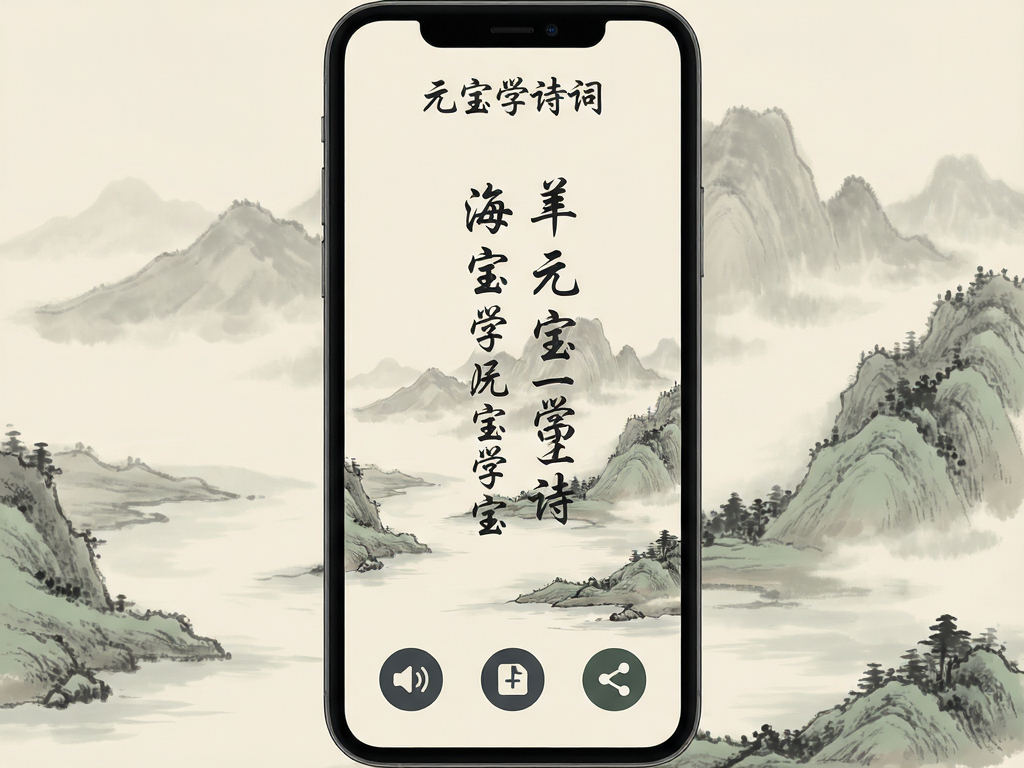 A clean and modern mobile app interface design for a Chinese poetry learning application named 'Yuanbao'. The screen displays a classical poem in vertical layout with elegant calligraphy font, accompanied by a subtle ink-wash painting background of mountains and rivers. At the bottom, there are three circular icons for audio play, save, and share. The overall style is minimalist, serene, and culturally rich, using a palette of soft beige, dark grey, and muted green. High resolution, sharp details, no extra elements, text 