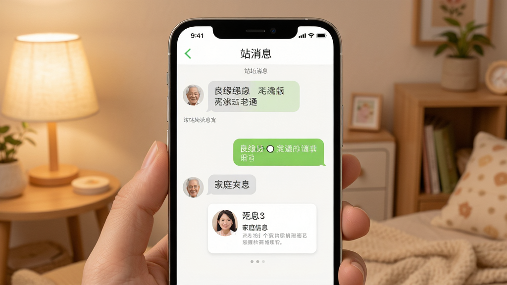 良缘角安卓版家长沟通聊天界面,主体为手机屏幕显示站内消息对话,布局上下分布,排版整齐,风格温馨柔和,细节包含聊天气泡与家庭信息卡片,画质干净高清,无多余元素