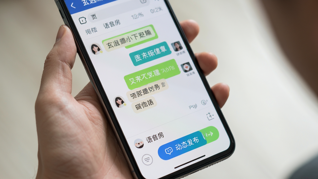 玄遇安卓版使用场景图,主体为手持手机展示社交聊天界面,布局为人物手部与屏幕特写,排版突出对话与标签元素,风格生活化真实,细节包含语音房与动态发布按钮,画质清晰干净无多余元素