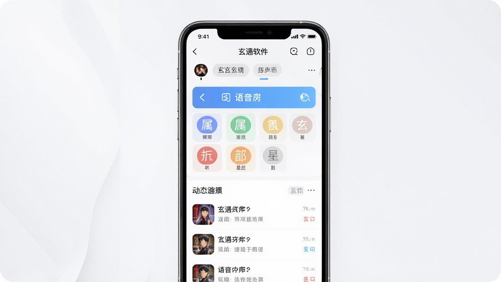 玄遇软件界面展示,主体为手机屏幕内社交应用首页,布局居中展示标签与语音房入口,排版简洁清晰,风格清新现代,细节包含五行属相星座标签卡片与动态列表,画质高清干净无多余元素