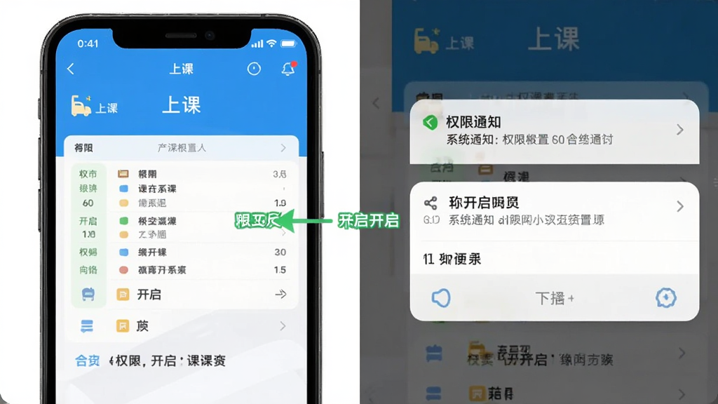 手机屏幕展示“上课”软件课表界面与系统通知权限设置页面对比图,标注权限开启步骤,风格清晰直观,画质干净