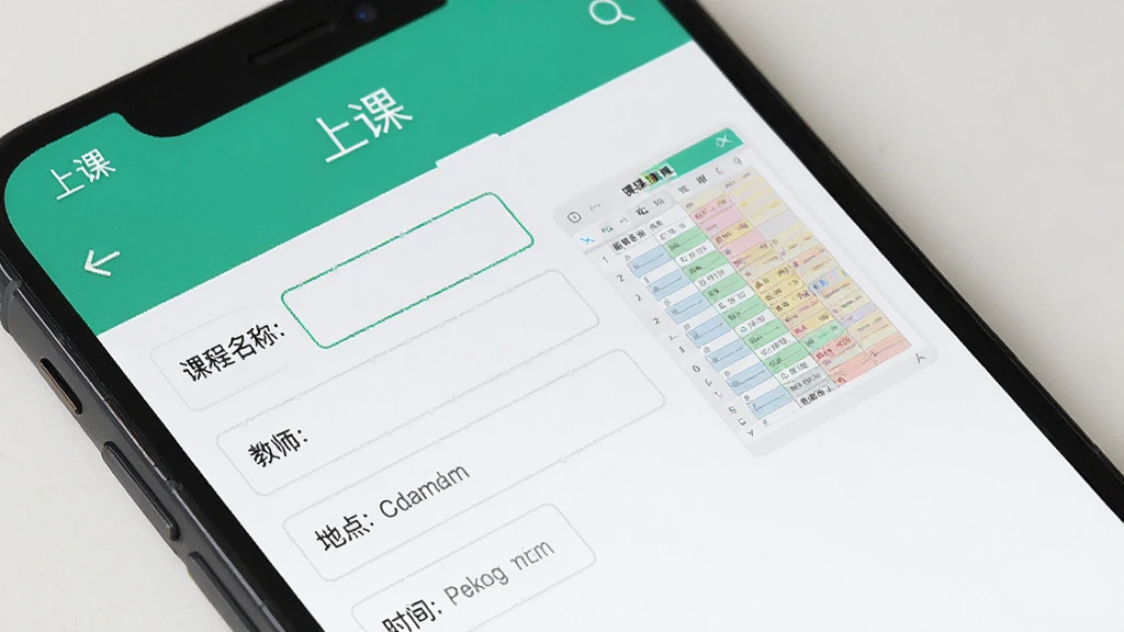 手机屏幕特写,显示“上课”软件中课程录入表单,包含课程名称、教师、地点、时间等输入框,旁边有课表预览缩略图,界面干净,风格现代简约,画质清晰