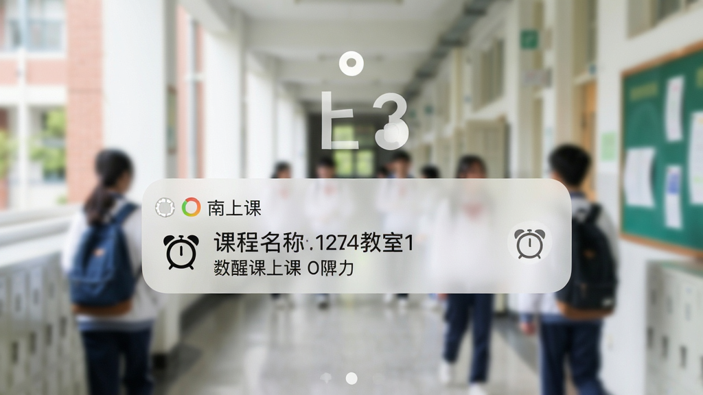 手机锁屏界面弹出“上课”软件课前提醒通知,显示课程名称与教室信息,旁边有闹钟图标,背景为校园走廊虚化场景,风格写实清新,画质清晰