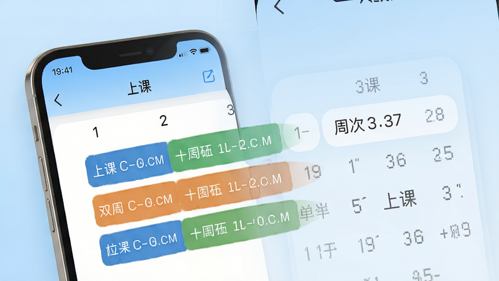 手机课表界面展示单双周课程用不同标记区分,“上课”软件界面,周次选择器清晰可见,背景为浅蓝色渐变,风格清爽,细节丰富,画质干净