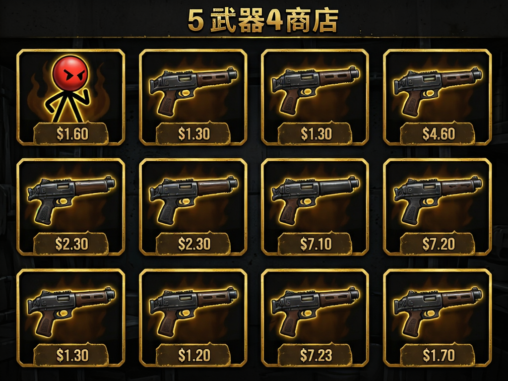 愤怒的火柴人5武器商店页面,展示多种枪械图标及价格标签,深色背景突出金色边框,整齐排列,高清渲染,无水印文字