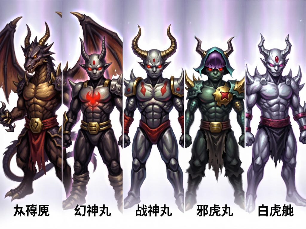 一组五个不同风格的魔神角色立绘并排展示,从左到右分别为龙神丸、幻神丸、战神丸、邪虎丸、白虎丸,每个角色下方标注名字,背景为淡紫色渐变光效,画质细腻,色彩鲜艳,布局整齐对称