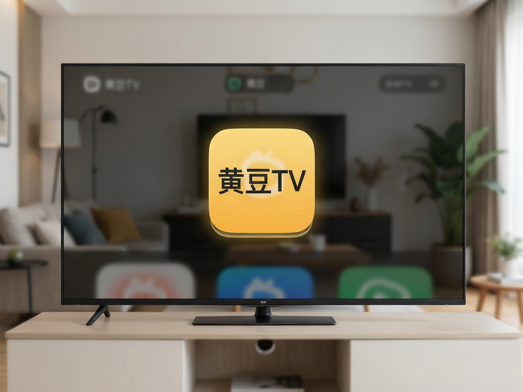一张展示智能电视界面的图片,屏幕中央显示“黄豆TV”应用图标被高亮选中,背景是模糊的客厅环境,风格为写实摄影,细节清晰,画质干净无多余元素