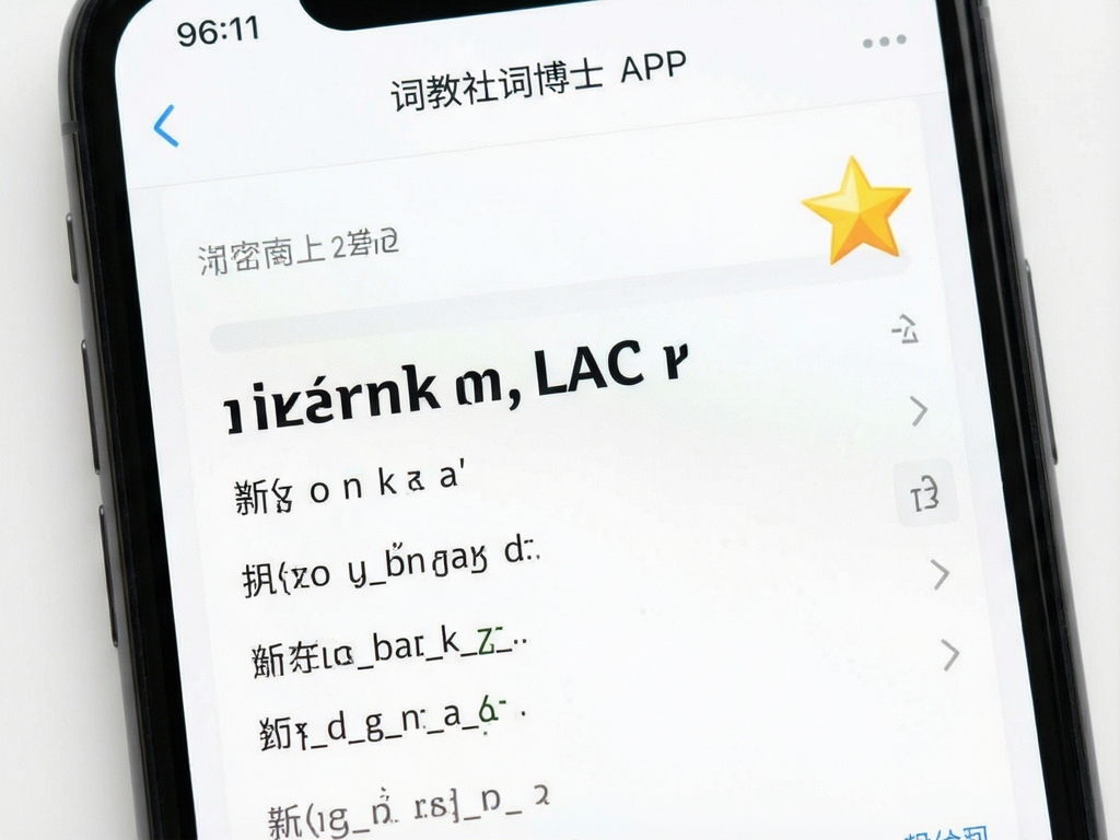 手机屏幕特写,显示外教社词博士APP界面,中央为单词详情页,右上角高亮显示一个金色的星星图标,背景简洁白色,扁平化设计风格,清晰锐利,无多余元素
