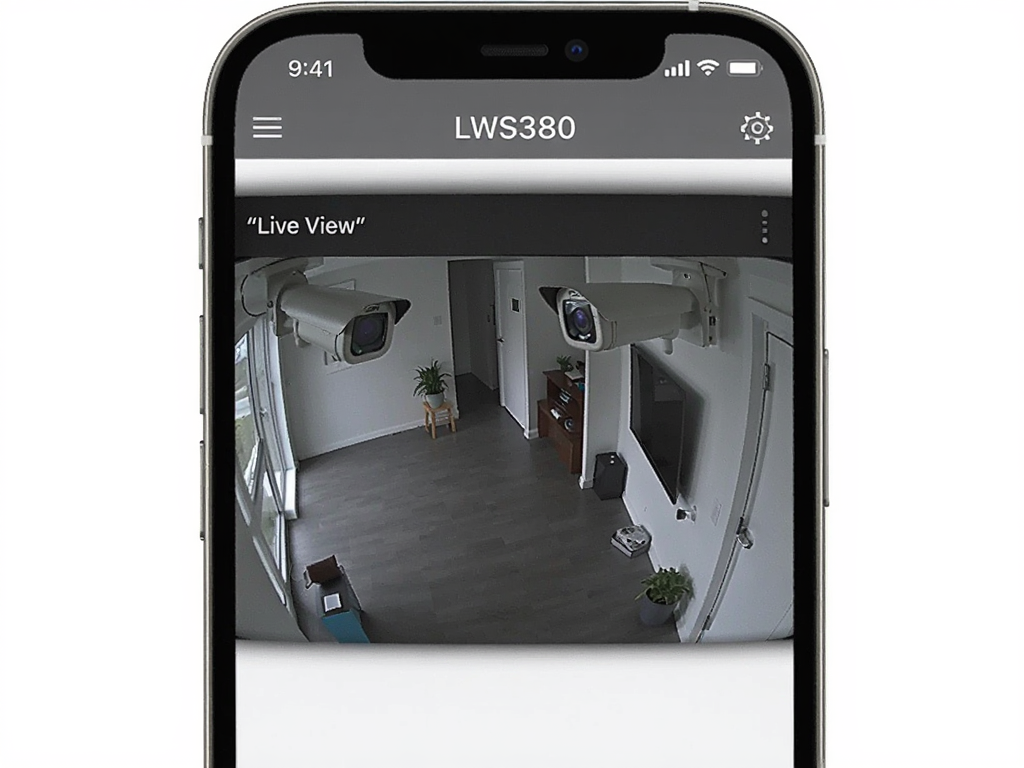 A modern smartphone displaying the LWS380 app interface showing a live video feed from a security camera, clean white background, minimalist design, high resolution, no extra elements, text 