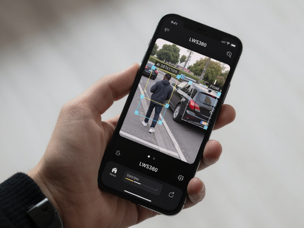Close-up view of a hand holding a smartphone with LWS380 app open showing AI detection boxes around a person and a car, dark mode interface, sleek technology aesthetic, sharp focus, clean composition, no clutter