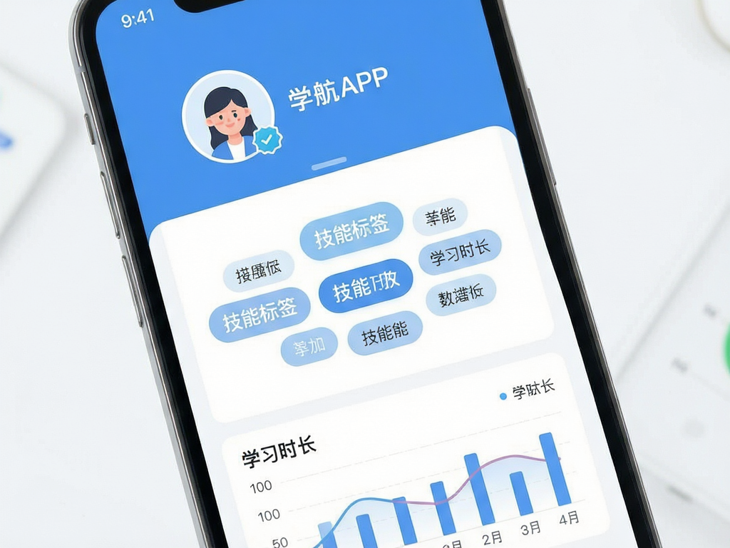 ���壺�ֻ���Ļ��ʾѧ��APP�ĸ�����ҳ���棬���֣��ϰ벿��ΪԲ��ͷ����ǳƣ��м�Ϊ���ܱ�ǩ��״���У��°벿��Ϊ����ͳ��ͼ�����Ű棺��ֱ�����ṹ������ִ���Լ��ƽ��UI��ƣ�ɫ��Ϊ���µ�����ɫϵ��ϸ�ڣ�ͷ��������֤���£���ǩ�������Բ�ǣ����ʣ�����4K���ɾ��޶���Ԫ�أ��������ݣ�