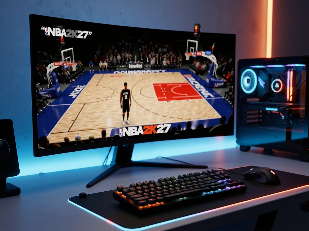 A futuristic gaming setup with a large monitor displaying a basketball court, neon blue and orange lighting, mechanical keyboard and mouse on desk, high definition, clean composition, realistic rendering, 8k resolution, text 'NBA2K27' on screen in quotes