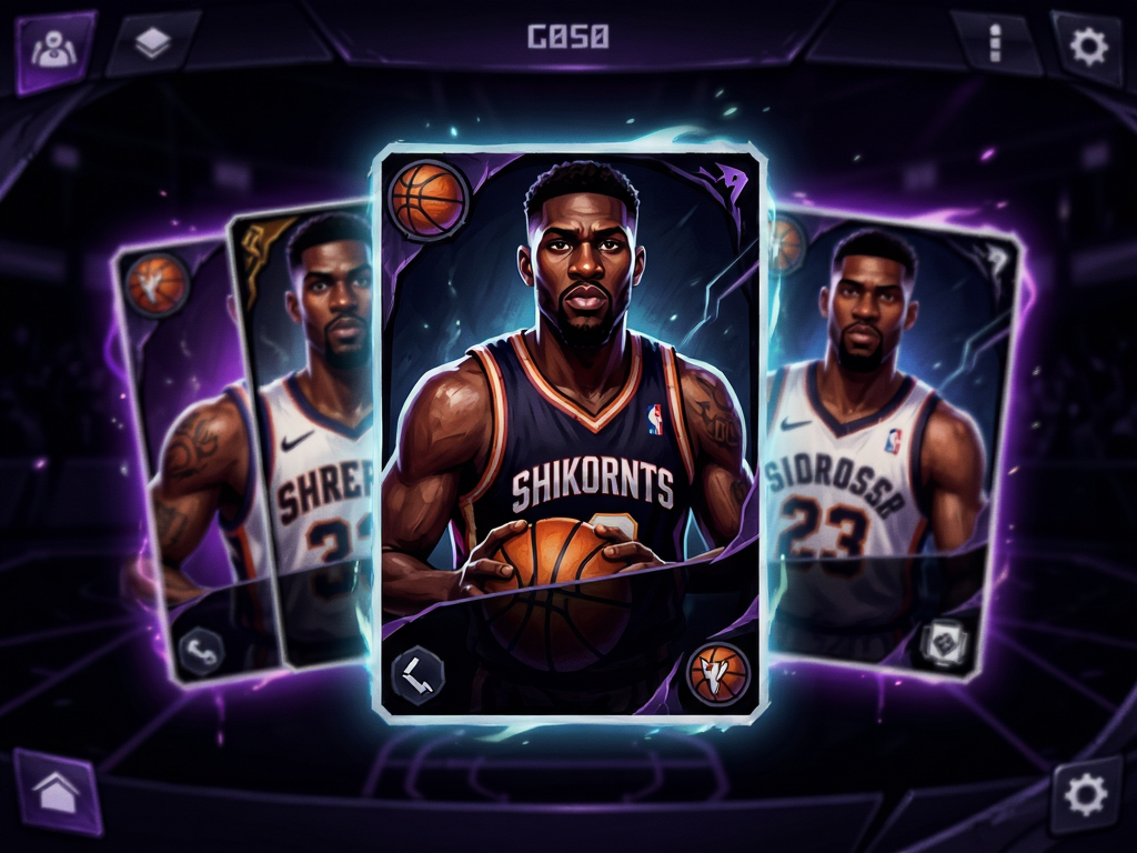 A digital card game interface showing basketball player cards with glowing effects, dark background with purple accents, sleek UI design, fantasy sports theme, detailed character portraits, high contrast, sharp edges, no clutter