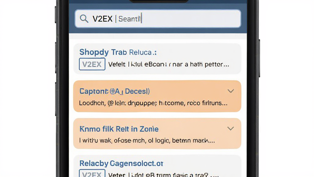 一张 V2EX 客户端搜索功能示意图,画面为手机界面,顶部搜索框内显示关键词,下方列出多条搜索结果条目,每条包含标题与摘要,整体布局规整,配色清爽,风格简约,画质高清,无多余装饰