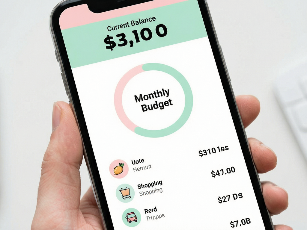 A clean, minimalist mobile app interface screenshot showing a finance tracking dashboard for young women. The layout features soft pastel colors like light pink and mint green. Central element is a circular progress chart labeled 
