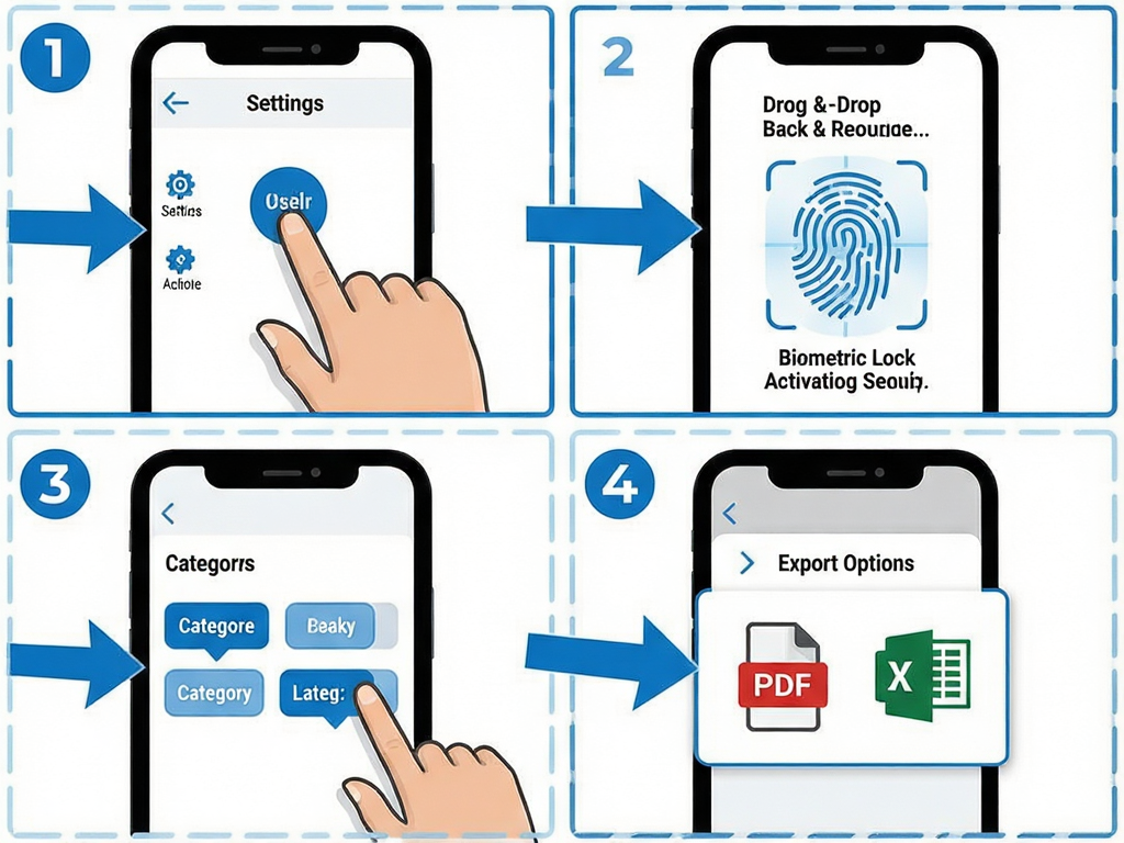 Detailed step-by-step illustration guide for using a bookkeeping mobile app. Panel 1 shows user tapping on settings icon. Panel 2 displays biometric lock activation screen with fingerprint graphic. Panel 3 illustrates drag-and-drop reordering of category tags. Panel 4 presents export options menu with PDF and Excel icons highlighted. Clean white background, vector art style, blue accent colors, instructional arrows pointing to interactive elements, sharp focus, easy to read typography.