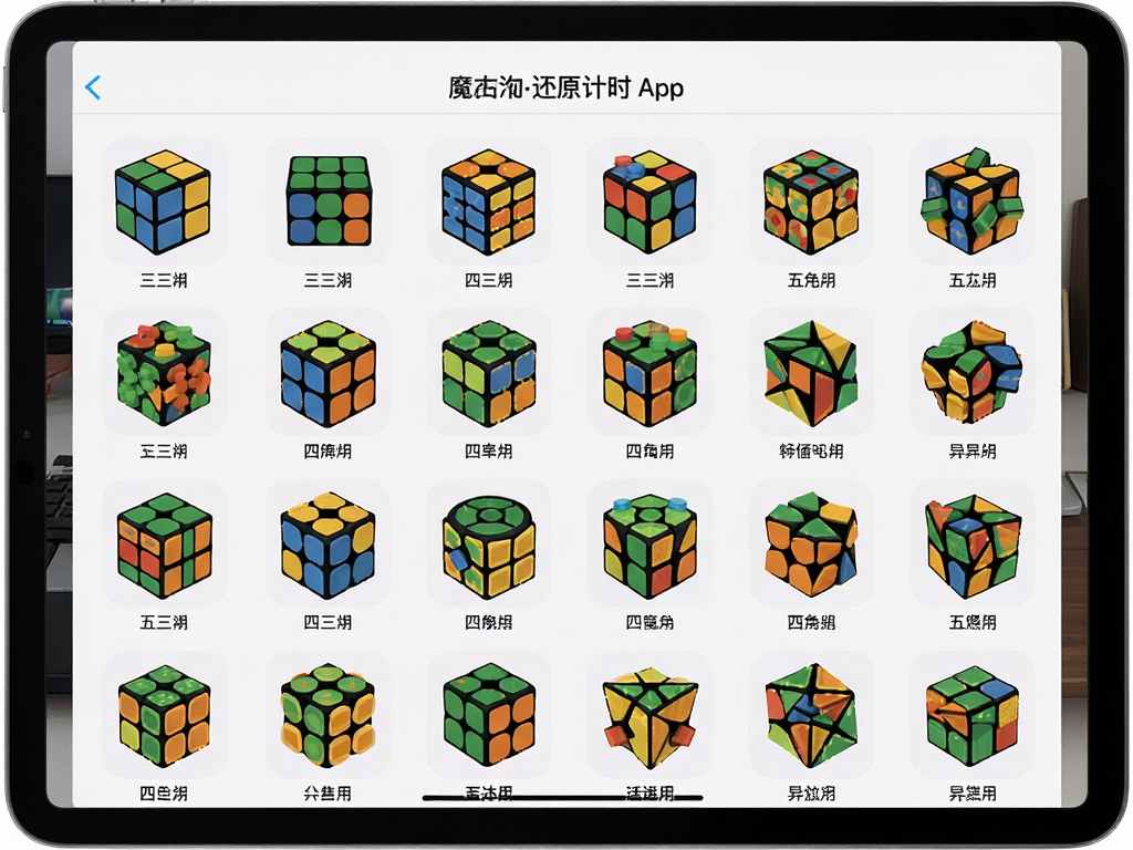 平板电脑展示魔方还原计时App的多魔方选择界面,主体为网格状排列的各种魔方图标,布局对称平衡,排版有序,风格扁平化设计,细节标注了三阶、四阶、五阶及异形魔方名称,画质锐利干净无杂乱背景