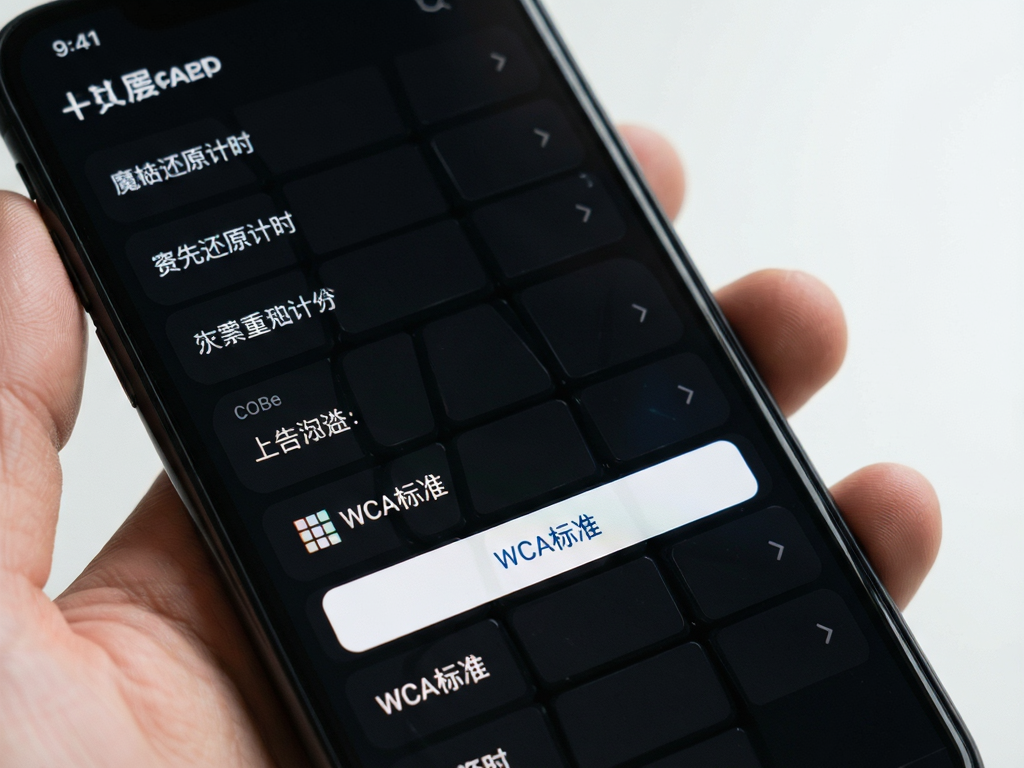 手机屏幕显示魔方还原计时App设置页面,主体为深色背景下的白色文字选项列表,布局清晰,排版整洁,风格现代简约,细节突出“WCA标准”按钮被高亮选中,画质高清干净无多余元素