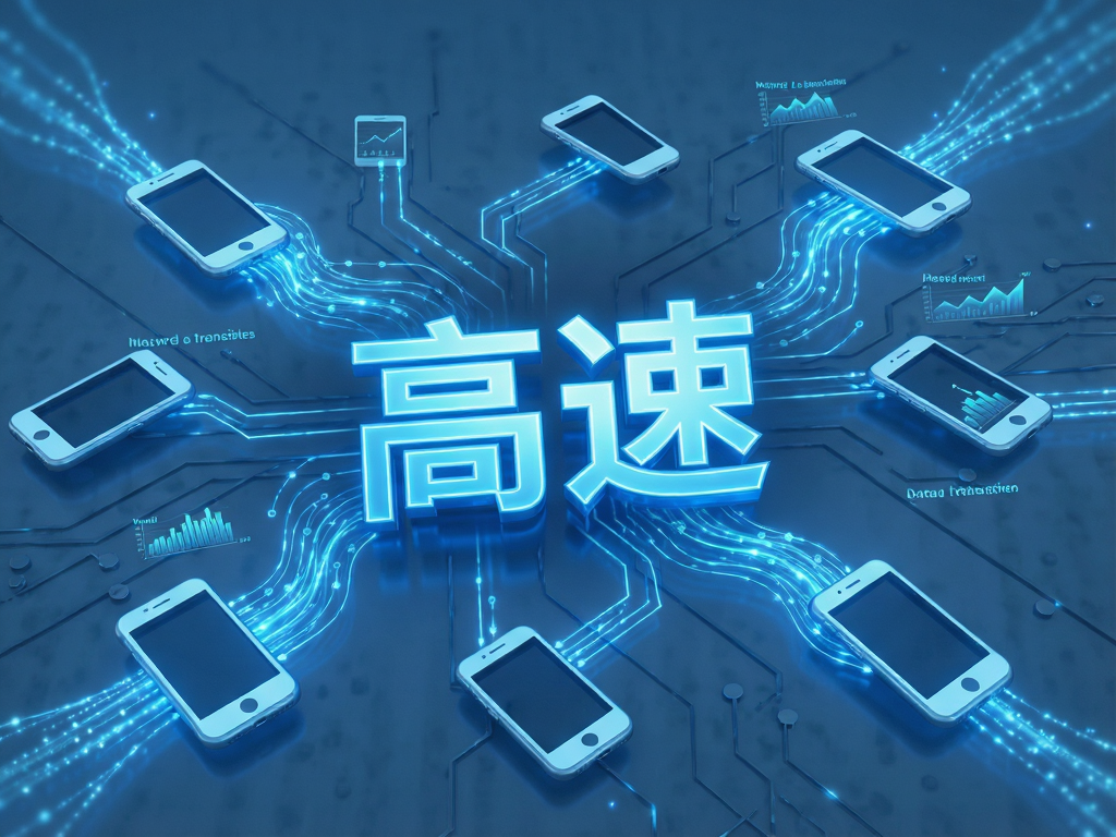 抽象概念图展示数据流动与速度感,蓝色光效线条连接多个手机图标,象征高效网络传输,中心突出