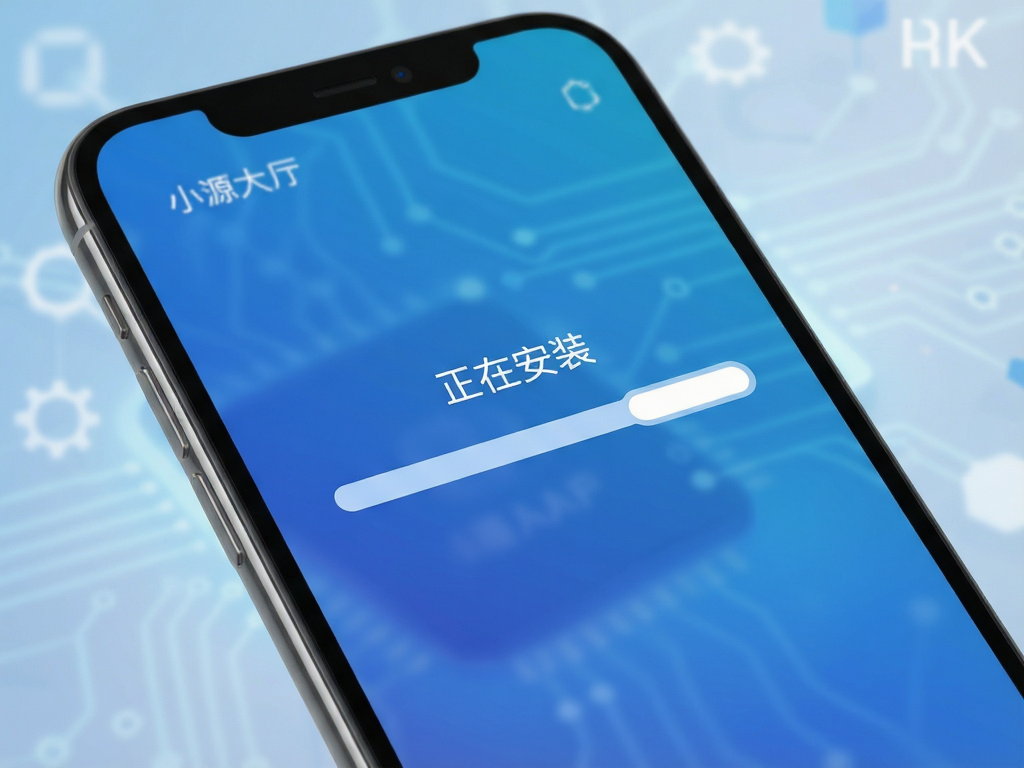 现代智能手机屏幕显示小源大厅APP安装进度条,背景为模糊的科技蓝渐变,UI风格极简扁平化,清晰展示