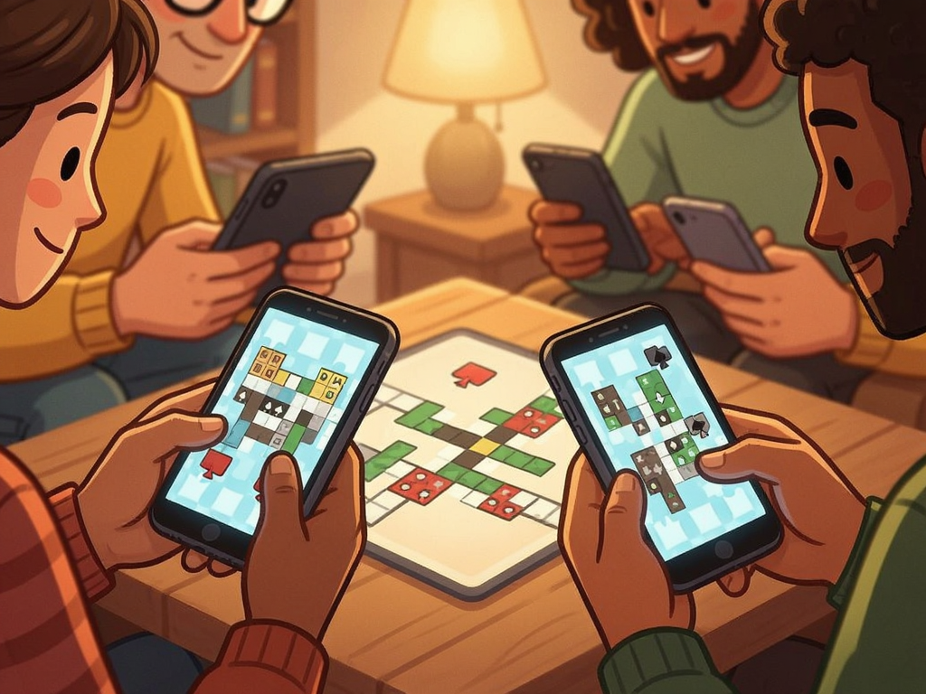 Diverse group of people playing a word puzzle game on smartphones, warm lighting, cozy atmosphere, cartoon style, focus on hands and screens, clean composition