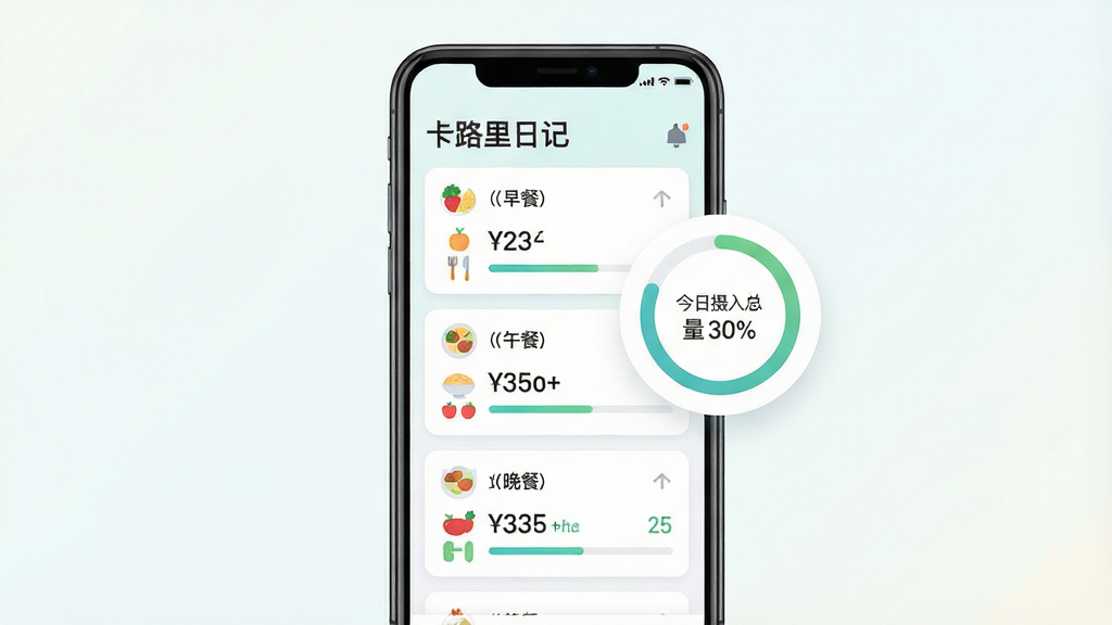 ����������һ�������ֻ����ֻ���Ļ����ʾӦ�ý��棬������������Ϊ����·���ռǡ����·�����͡���͡����͵Ĳʹο�Ƭ����������ͳ�ƣ��Ҳ�����һ��Բ�ν��Ȼ���ʾ������������������Ϊ�ɾ���ǳɫ���䣬������й�ͼ���Ű������������Ϊ�ִ���ƽ��UIչʾ���ϸ�ڰ���ʳ��Сͼ�ꡢ���ֱ�ǩ�����������������������ɾ����޶���Ԫ��