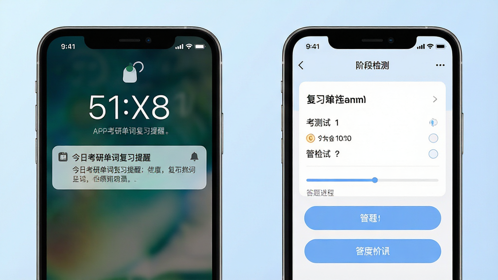 һ�ű��ֿ��е���APP��ϰ������׶μ�⹦�ܵĳ���ͼ���������Ϊ�ֻ�������ϰ����֪ͨ���������棬֪ͨ��Ƭ��д�С����տ��е��ʸ�ϰ���ѡ������������Ҳ�Ϊͬһ���ֻ��򿪽׶μ��ҳ��Ľ��棬��Ļ����ʾѡ������ʽ�Ĵʻ����������������������Ϊ���ҶԱ�չʾ�����Ϊ�ִ���ƽ���ƶ�Ӧ�ý�ͼ���ϸ����֪ͨ��Ƭ��������ͼ�꣬���ҳ��ѡ�ťΪԲ�Ǿ��Σ�����Ϊ��͵�ǳ��ɫ���䣬��������������ɾ�������Ԫ��